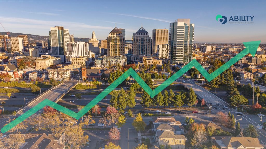 Oakland cityscape with a rising green arrow, representing mental health growth. 