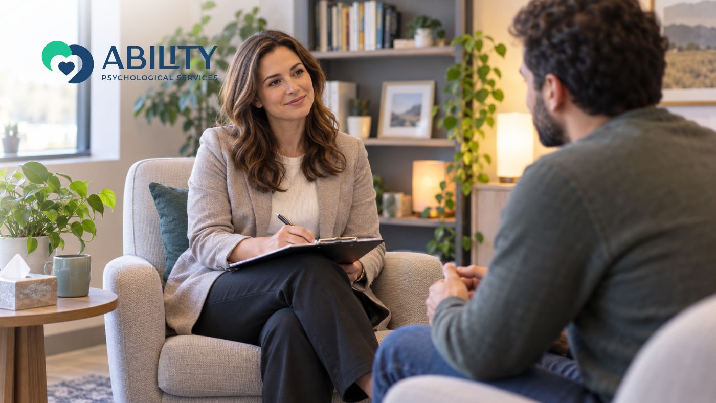 Mental health professional meeting with a client during a disability supplemental services appointment to discuss assessment and support needs.
